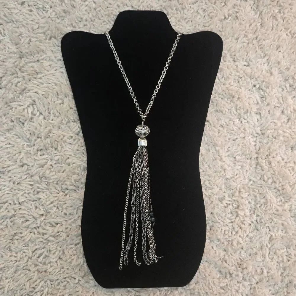 Silver Chain Tassle Necklace & Earrings Set Rhinestone Accents